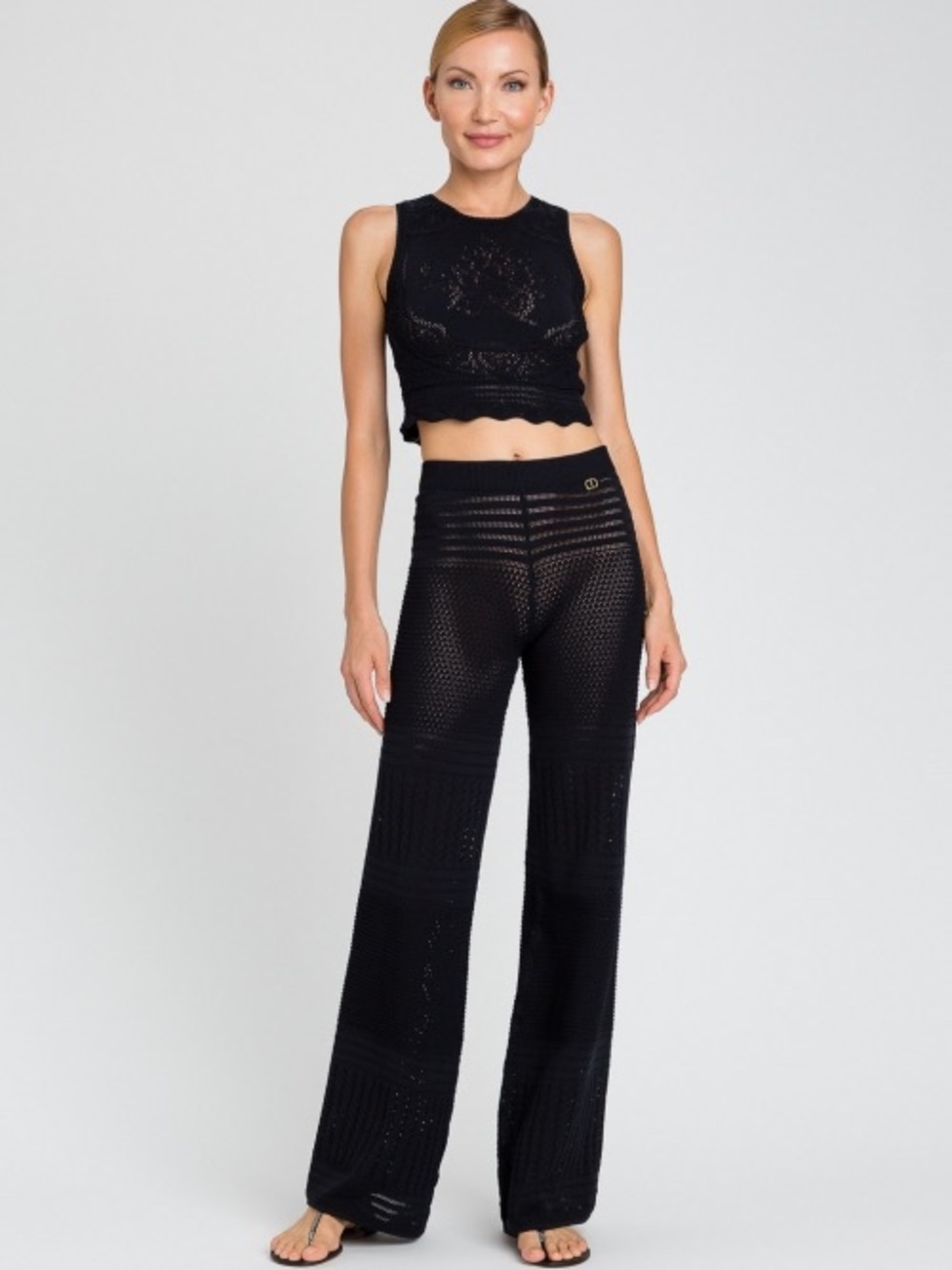 Twin-Set Milano Pointelle-Knit Palazzo Pants Black Wide-Leg M